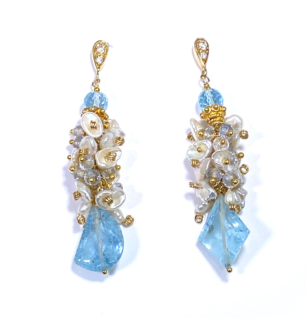 Keishi Pearl Blue Aquamarine Gemstone Cluster Earrings - doolittlejewelry