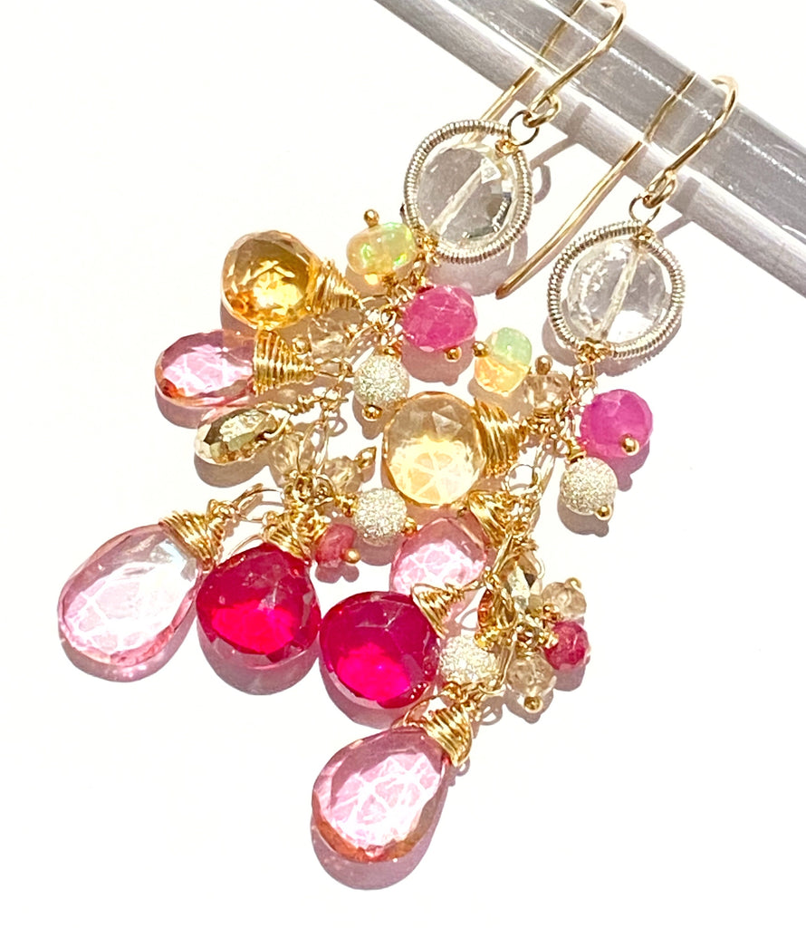Pink Red Mixed Metal Dangle Earrings Ethiopian Opal