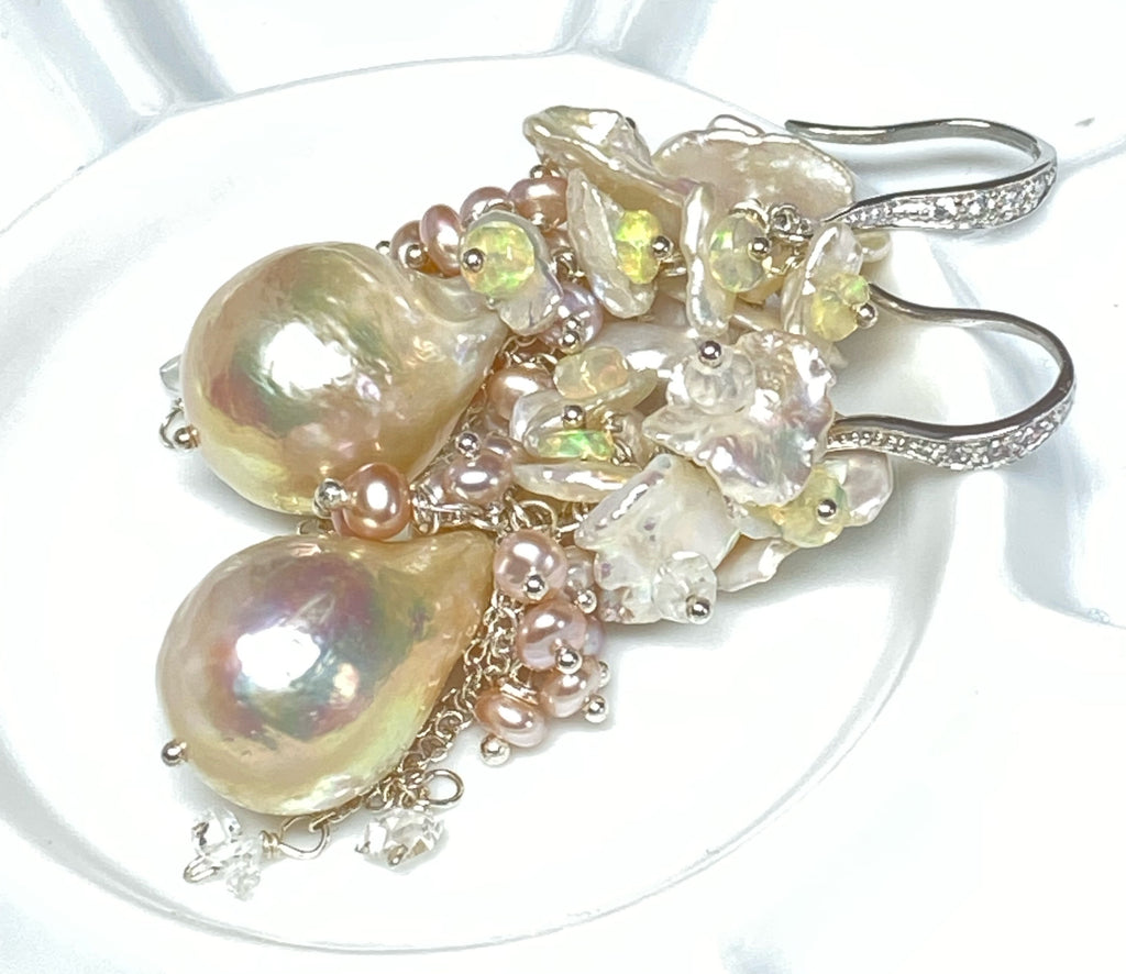 Blush Pearl Cluster Bridal Earrings Sterling Silver