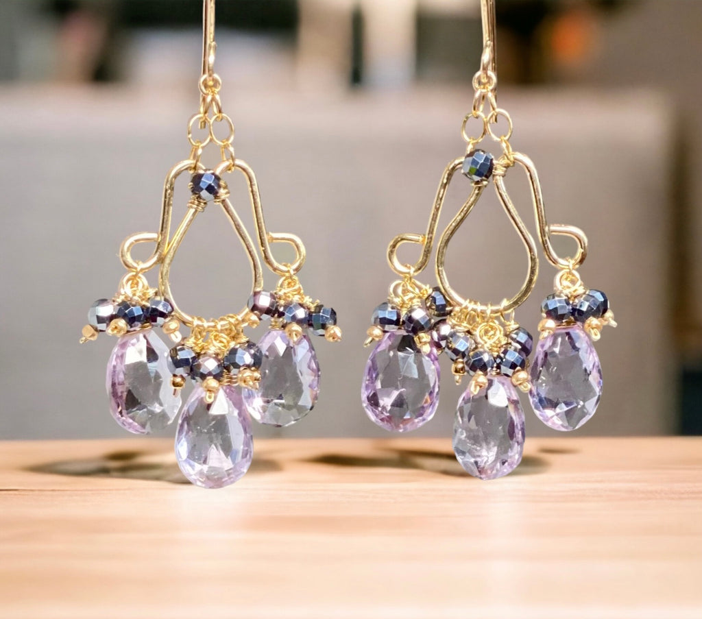Pink Amethyst Chandelier Earrings Gold Fill with Black Clusters