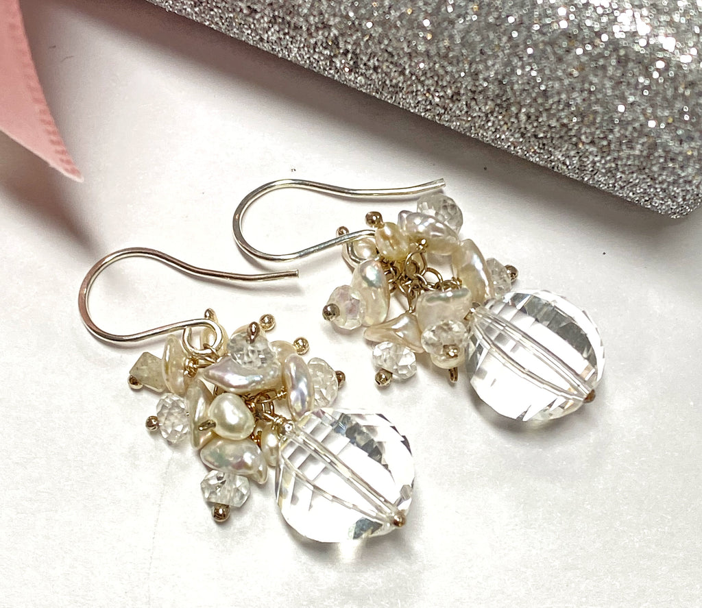 Cut Crystal Quartz, Keishi Pearl Cluster Earrings, Sterling Silver - doolittlejewelry