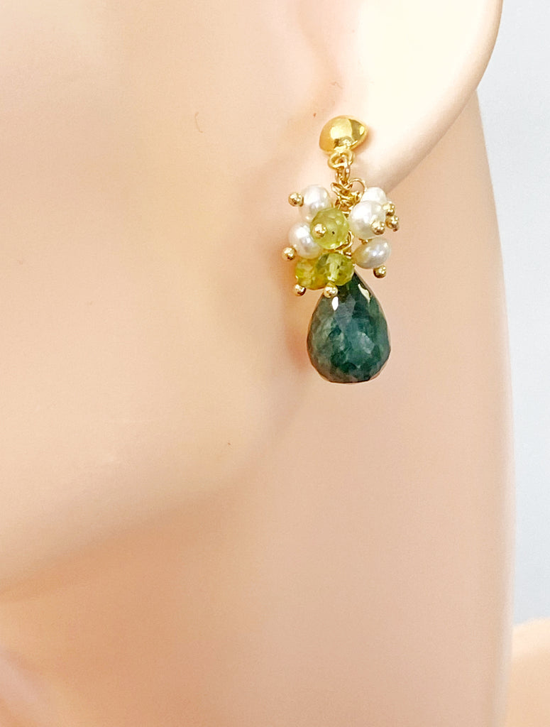 Emerald and Peridot Pearl Cluster Earrings Gold