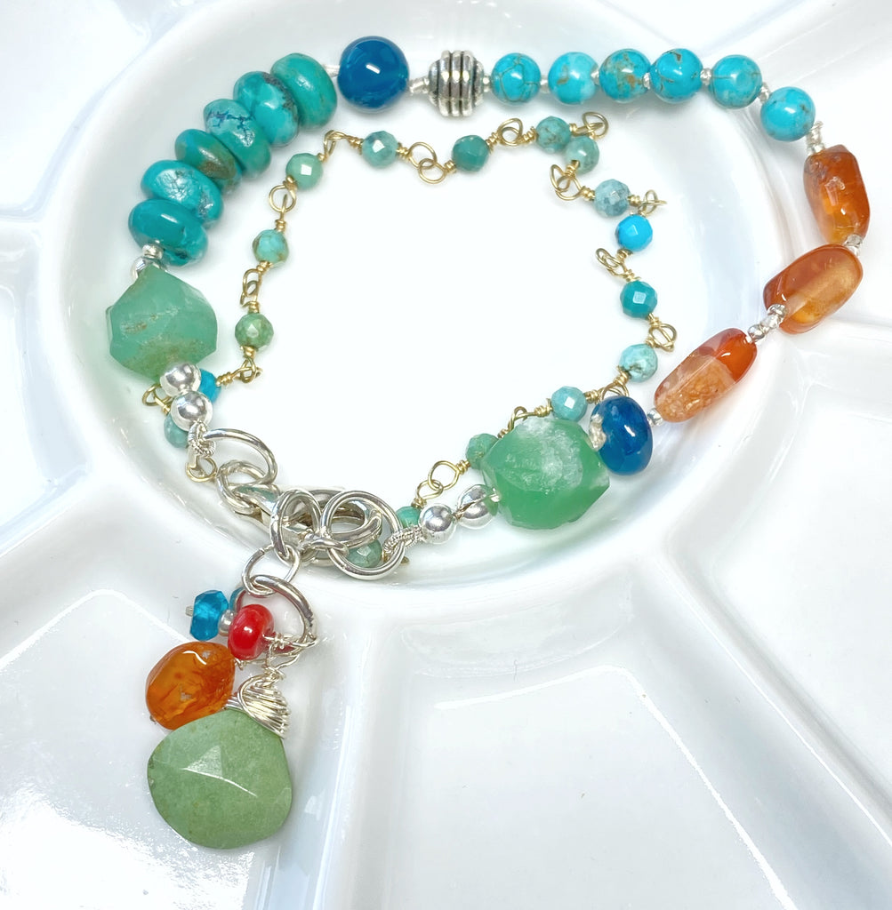 Turquoise, Carnelian Silk Knot Bracelet, Boho Style