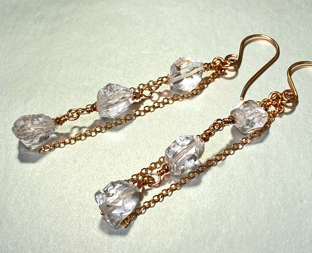 Herkimer Diamond Crystal Long Rose Gold Dangle Earrings