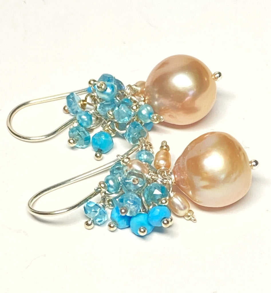 Pink Pearl Earrings with Turquoise Clusters