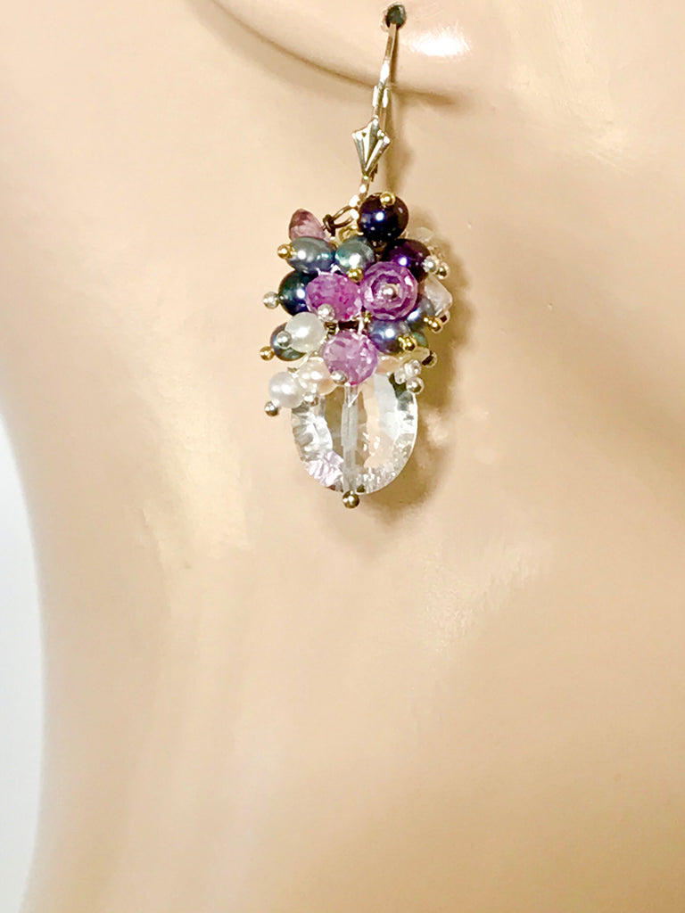 Amethyst Iolite Pearl Cluster Crystal Quartz Pendant, Earrings Set in Mixed Metals, Jewelry Set - doolittlejewelry