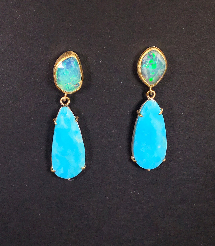 Opal and Sleeping Beauty Turquoise Dangle Earrings Gold Prong Set - doolittlejewelry