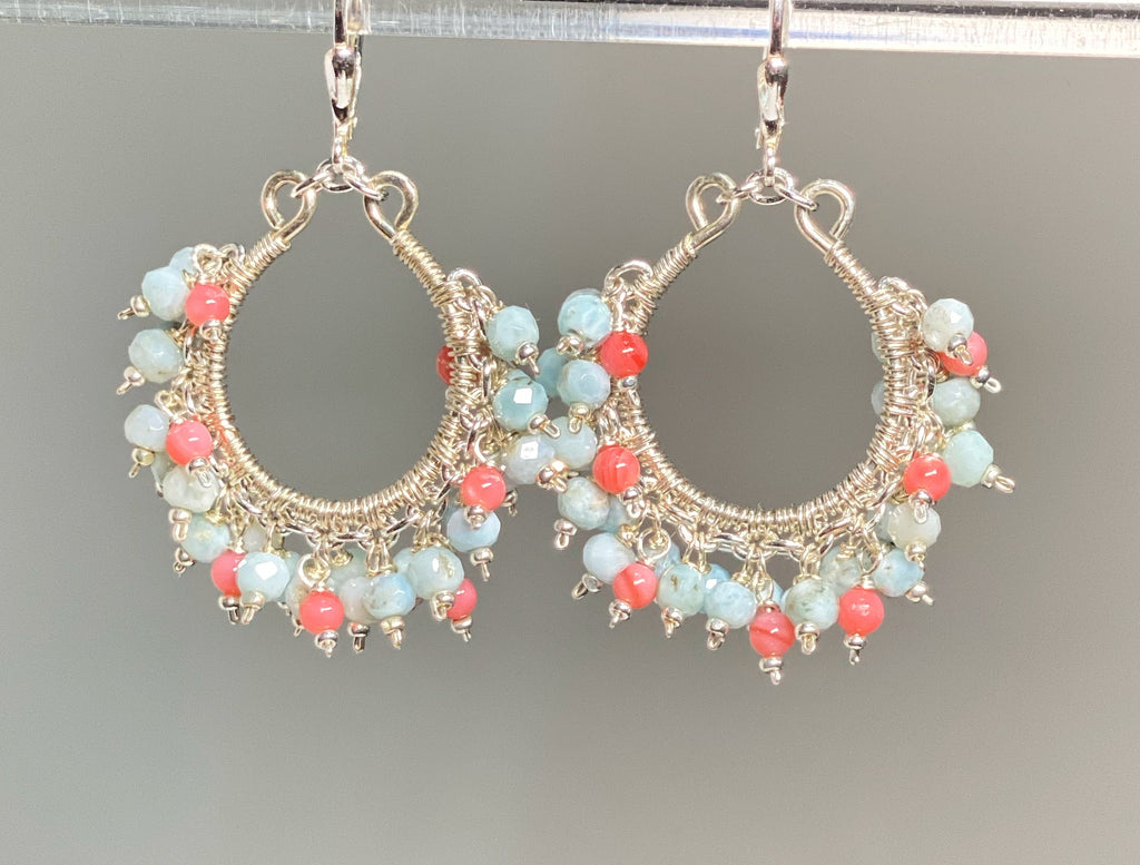 Larimar and Coral Hoop Earrings Sterling Silver