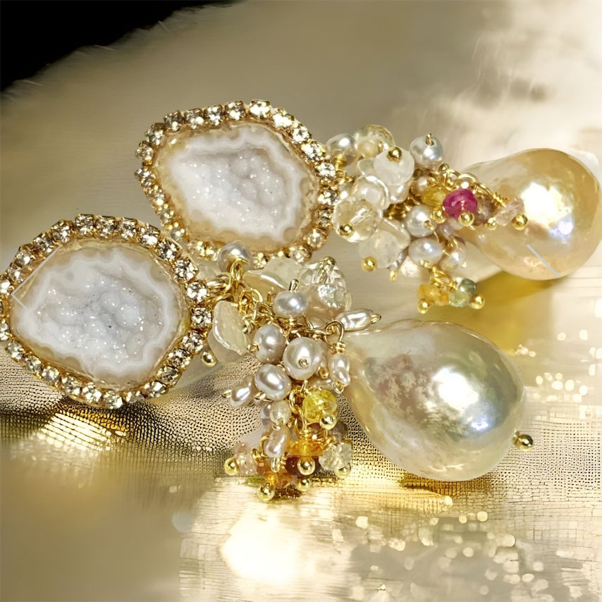 White Tabasco Geode Wedding Earrings with Ivory Edison Pearls