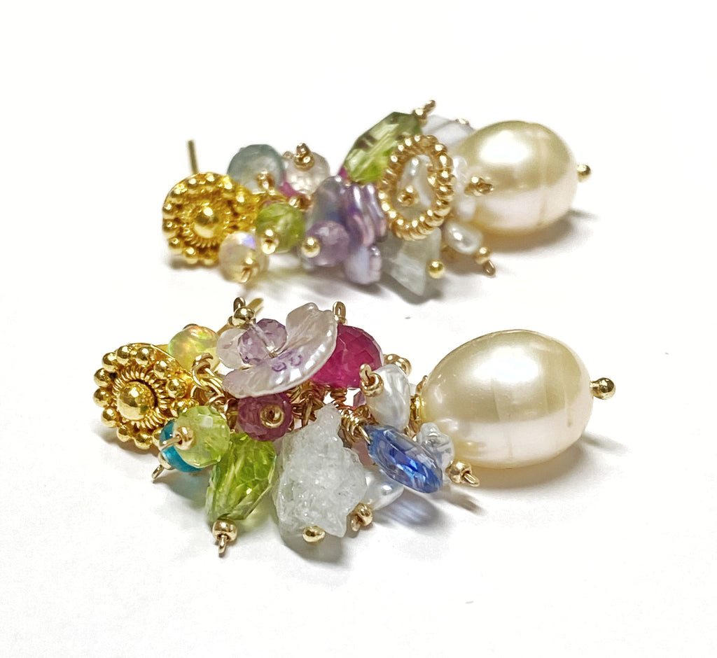 Pearl and Multi Gemstone Cluster Earrings