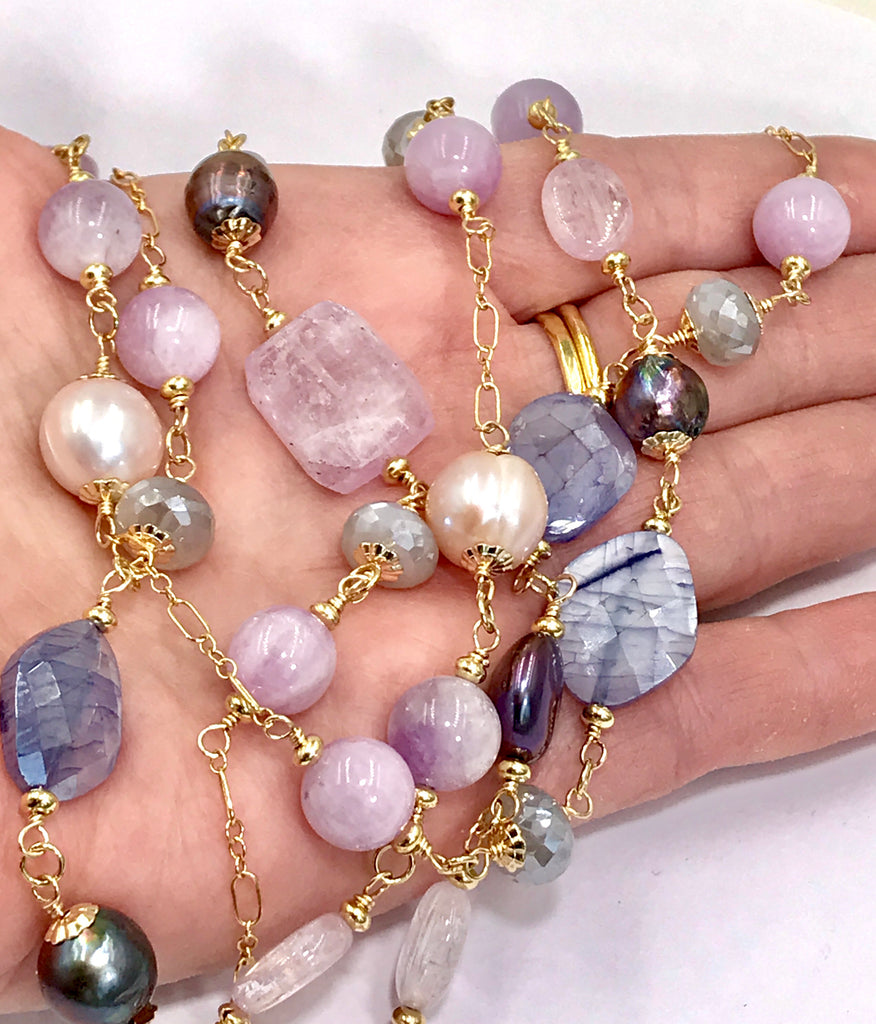 Long Multicolor Gem Stone Necklace Gold Kunzite, Blue Sapphire, Moonstone, Pearl - doolittlejewelry