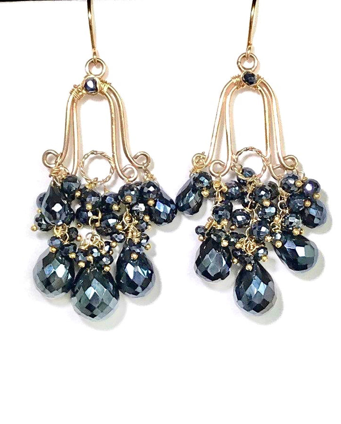 Gemstone Black Spinel Gold Fill Handmade Chandelier Earrings