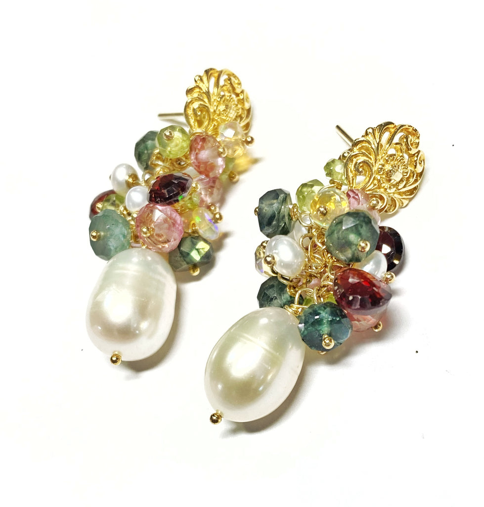 Pearl and Colorful Gemstone Cluster Earrings