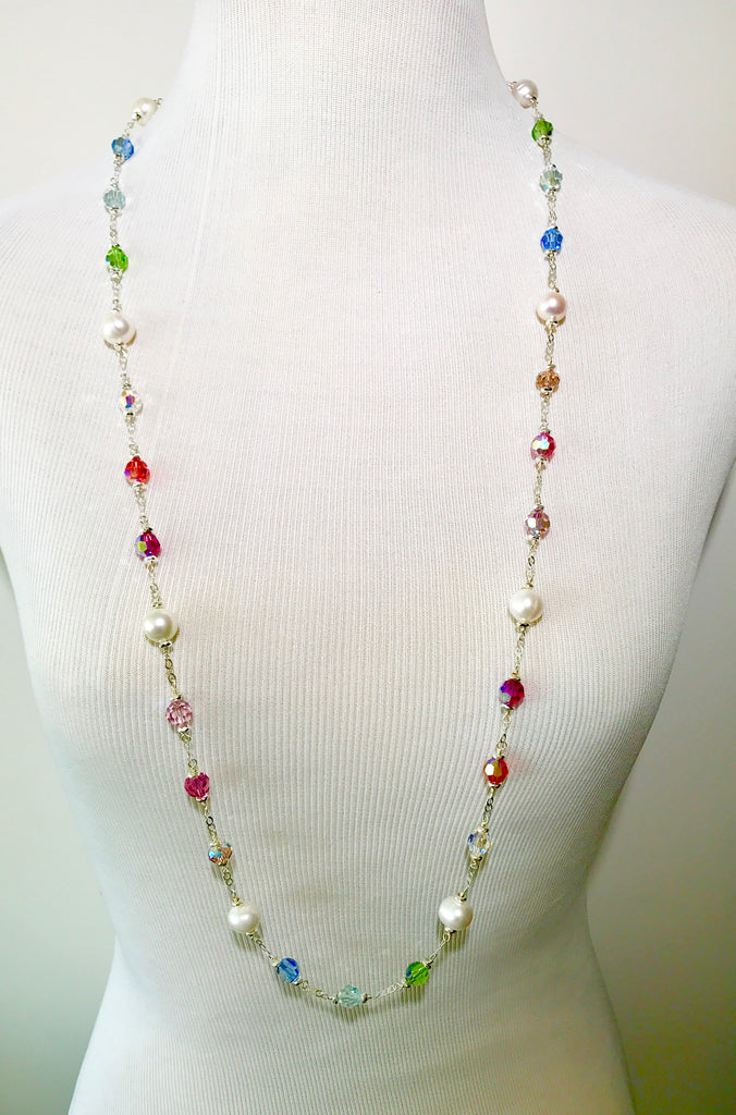 Long Pearl Swarovski Crystal Sautoir Sterling Silver Necklace - doolittlejewelry