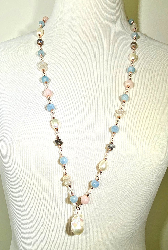 Long Blue Aquamarine Necklace Rose Gold, Pearl Gemstone Sautoir Wire Wrapped