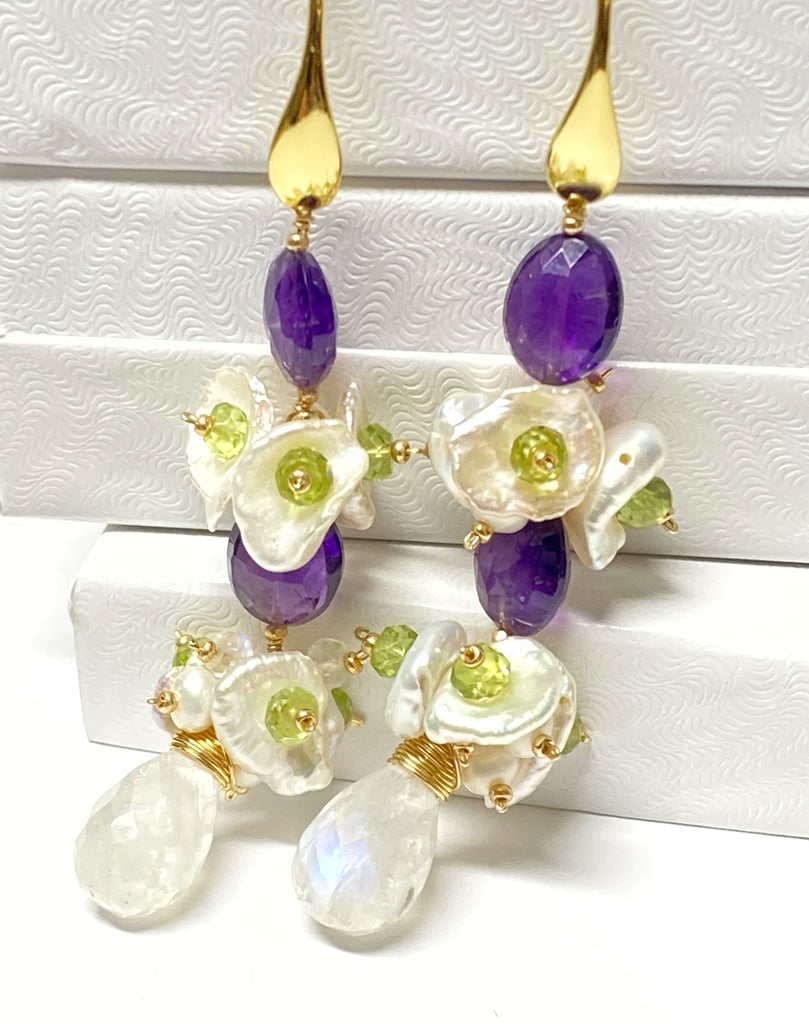 Amethyst Peridot Moonstone Keishi Pearl Long Drop Earrings