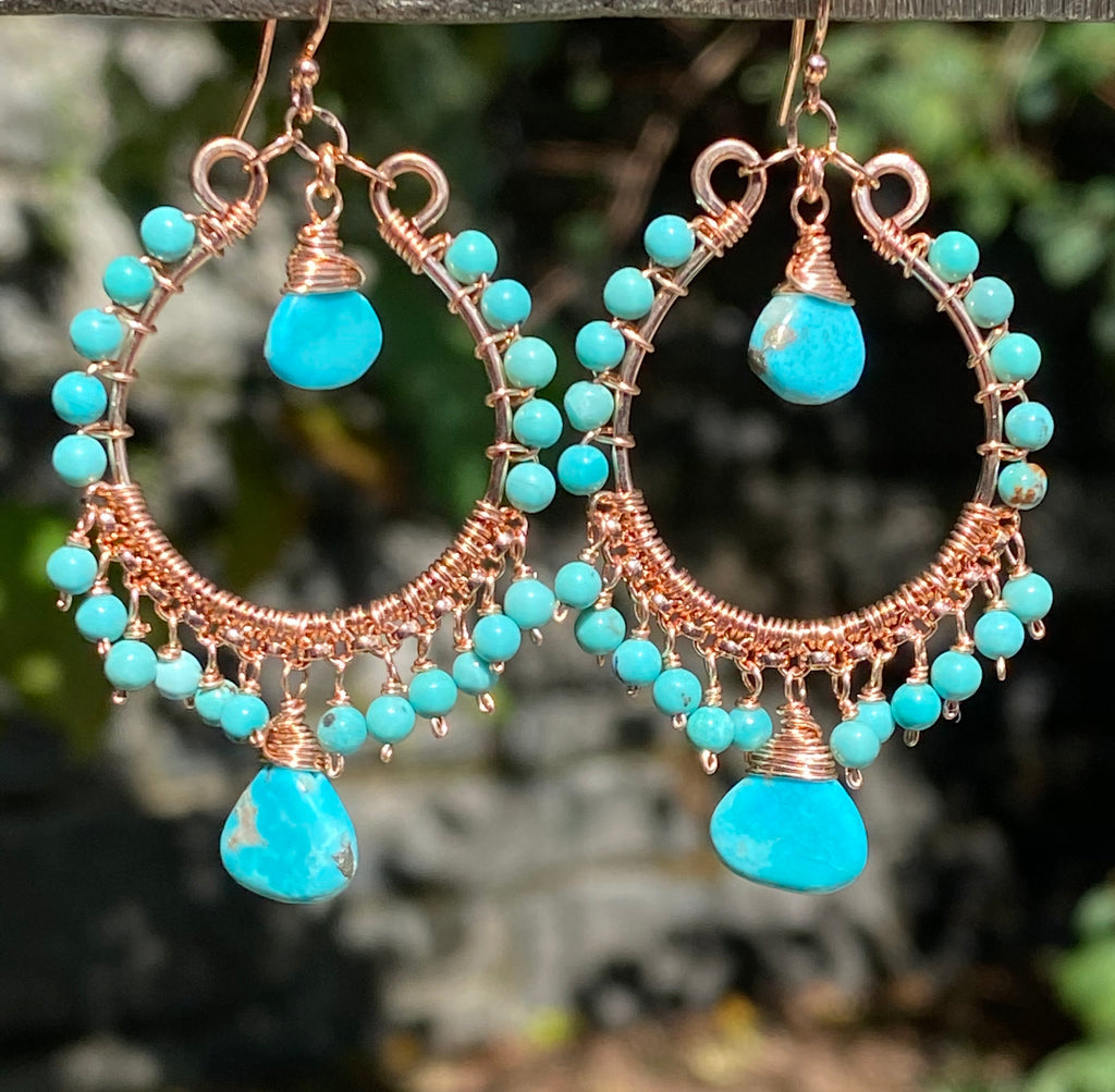 Turquoise Gemstone Rose Gold Hoop Earrings Kingman Mine