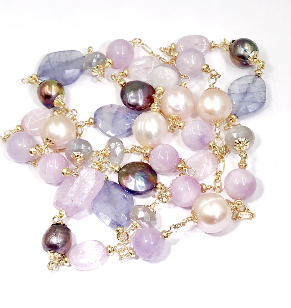 Long Multicolor Gem Stone Necklace Gold Kunzite, Blue Sapphire, Moonstone, Pearl