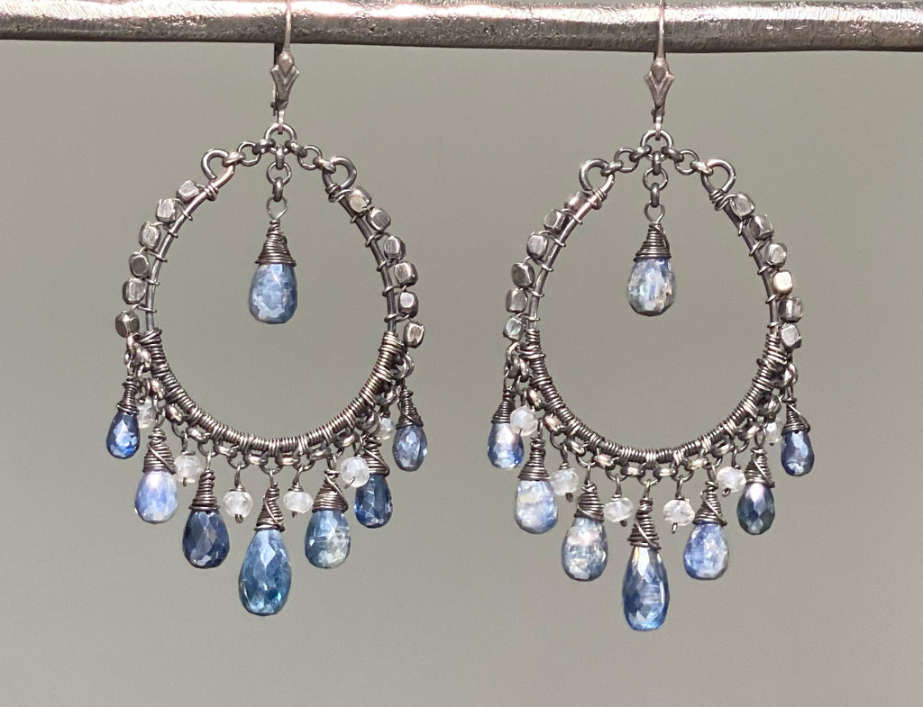 statement boho hoop chandelier earrings with mystic blue gemstones and oxidized sterling silver