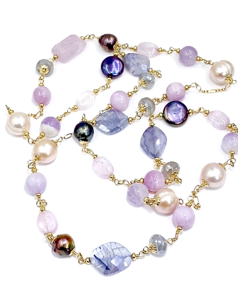 Long Multicolor Gem Stone Necklace Gold Kunzite, Blue Sapphire, Moonstone, Pearl