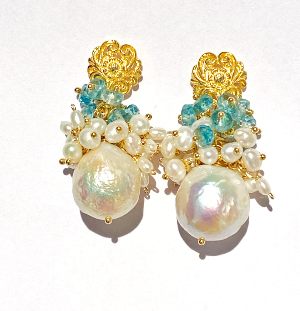 High Quality White Pearls with Clusters of Small Pearls and Natural Blue Zircon Gemstones Gold Post Earrings