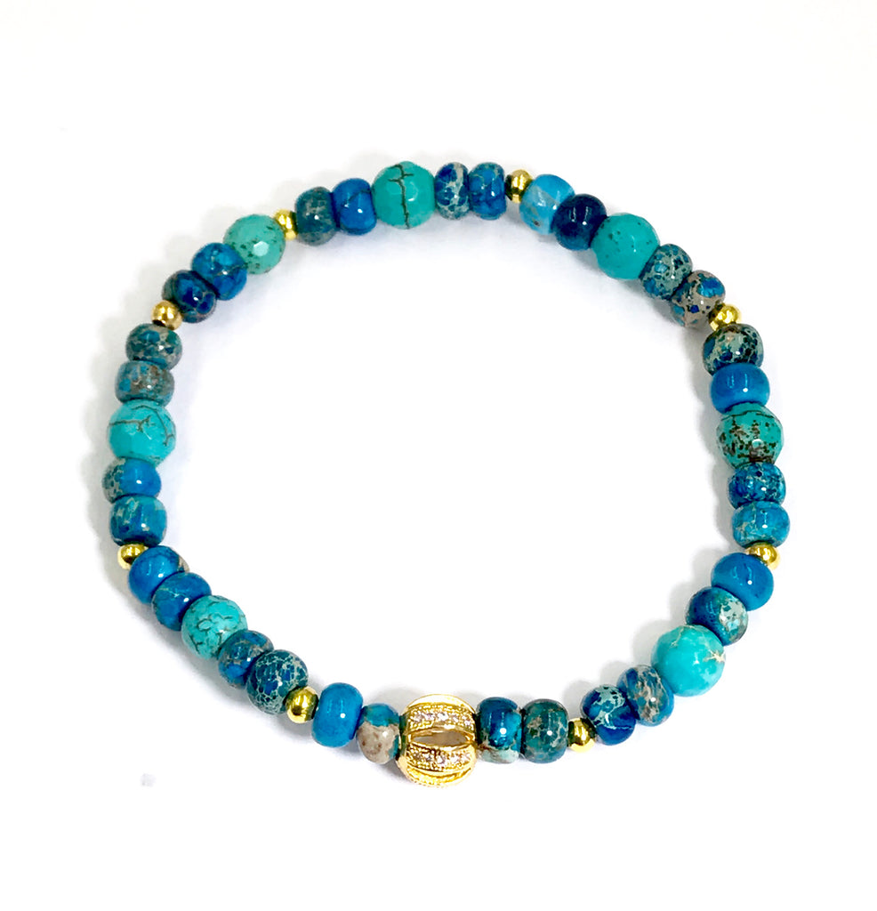 Turquoise Stretch Stacking Bracelet Set of 3 Gold Pave CZ - doolittlejewelry