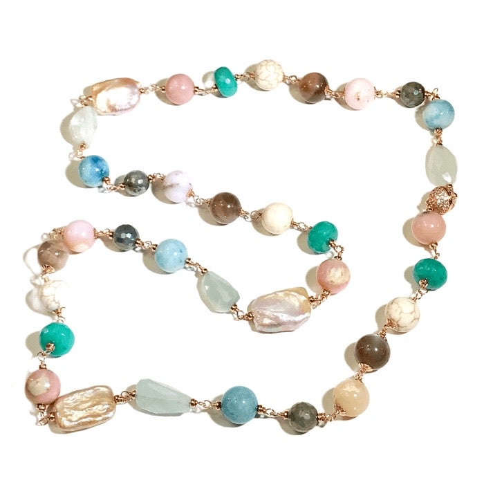 Multi-color Gemstone Pearl Necklace Wire Wrapped Rose Gold