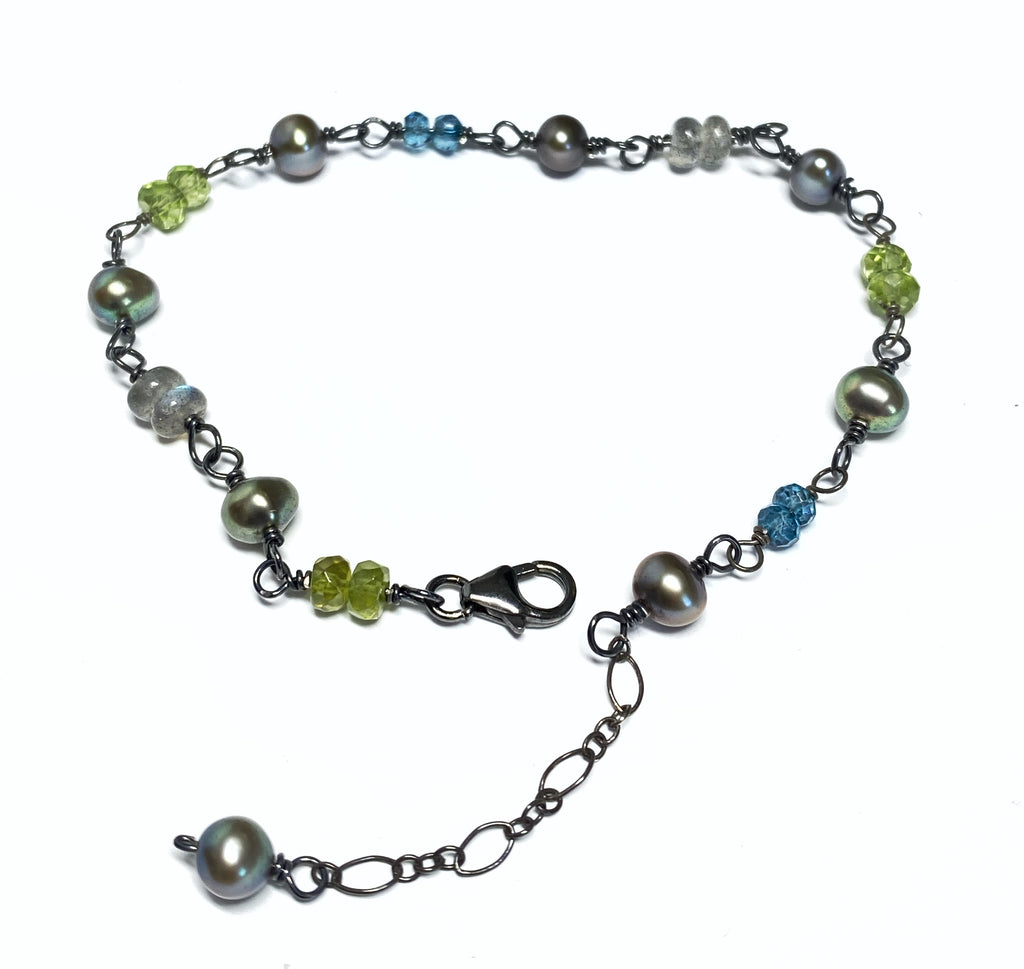 Peridot, Labradorite, London Blue Topaz Wire Wrapped Bracelet Oxidized Sterling Silver