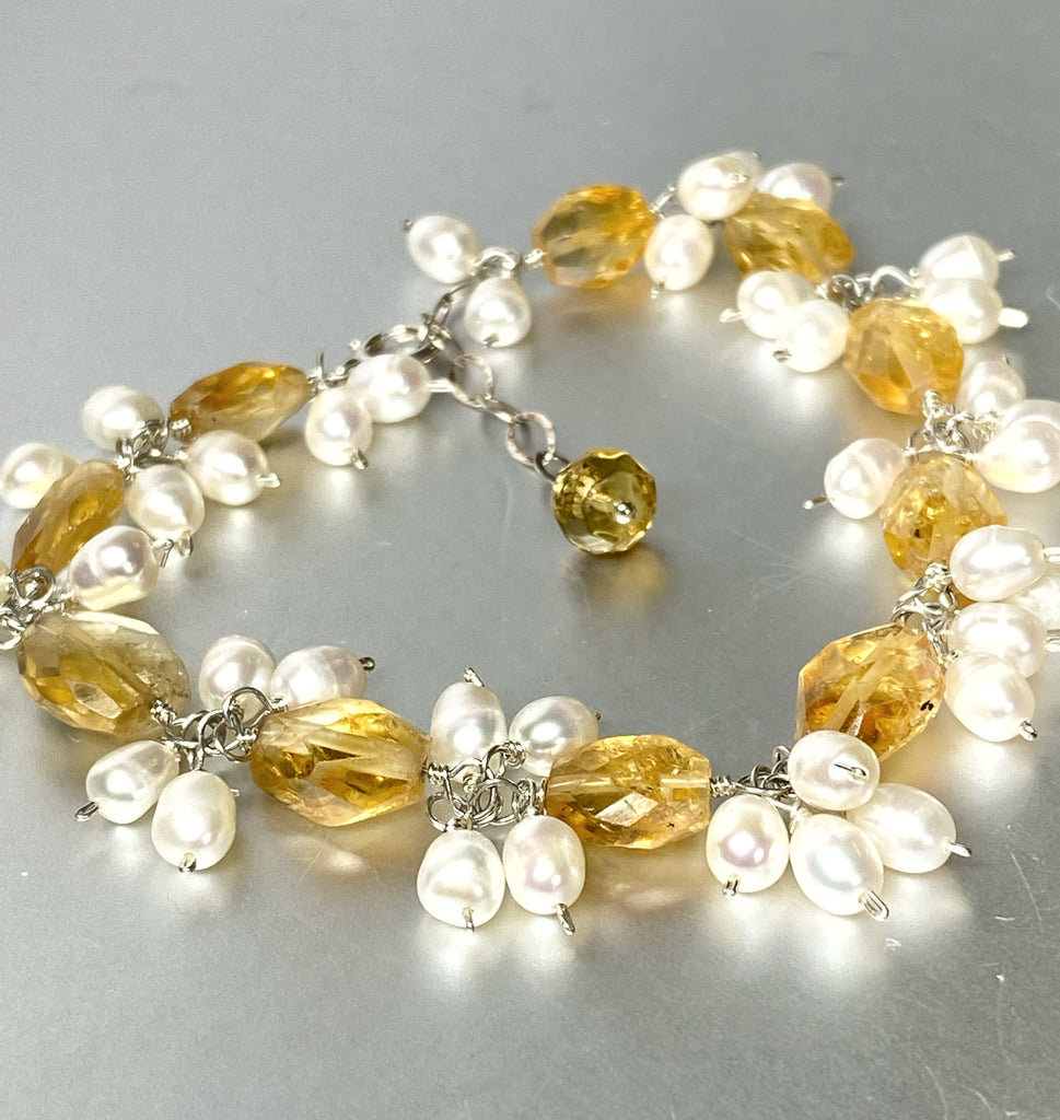 Citrine Gemstone Pearl Cluster Bracelet, Sterling Silver