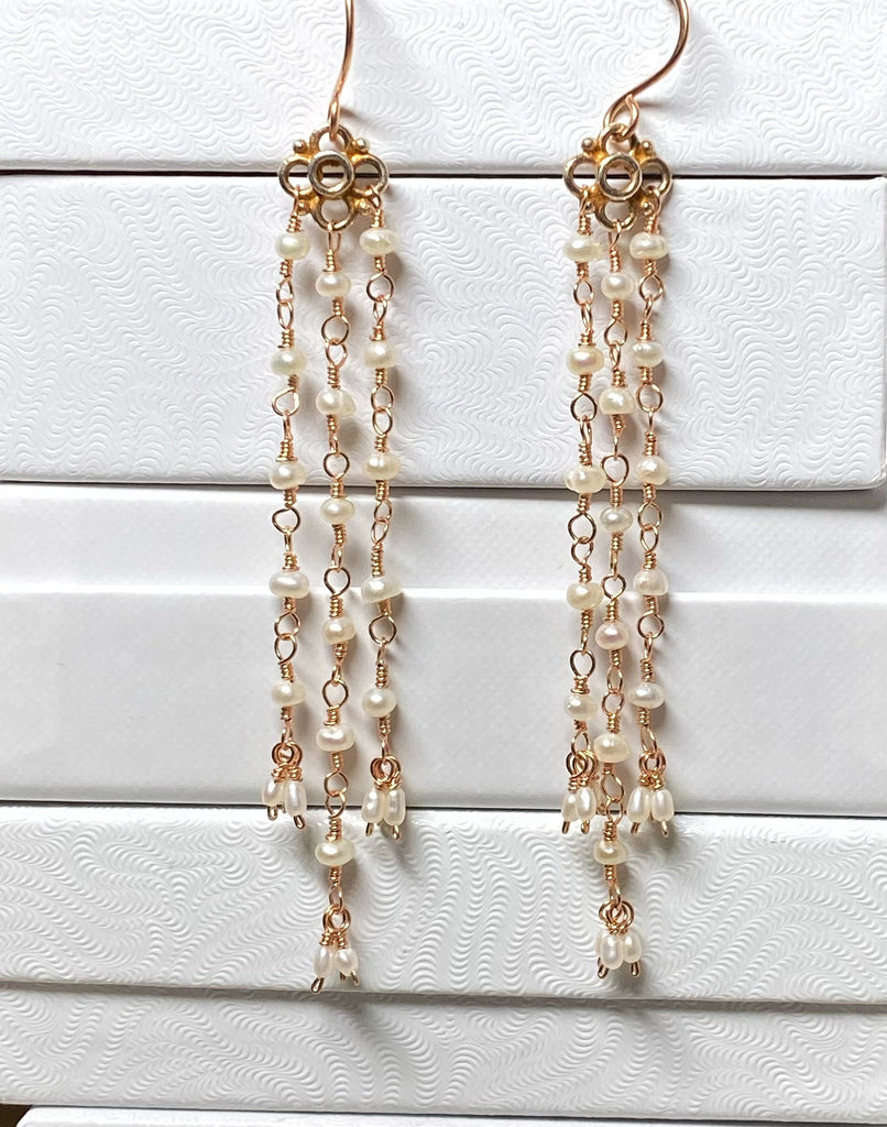 tiny pearl rose gold shoulder duster earrings