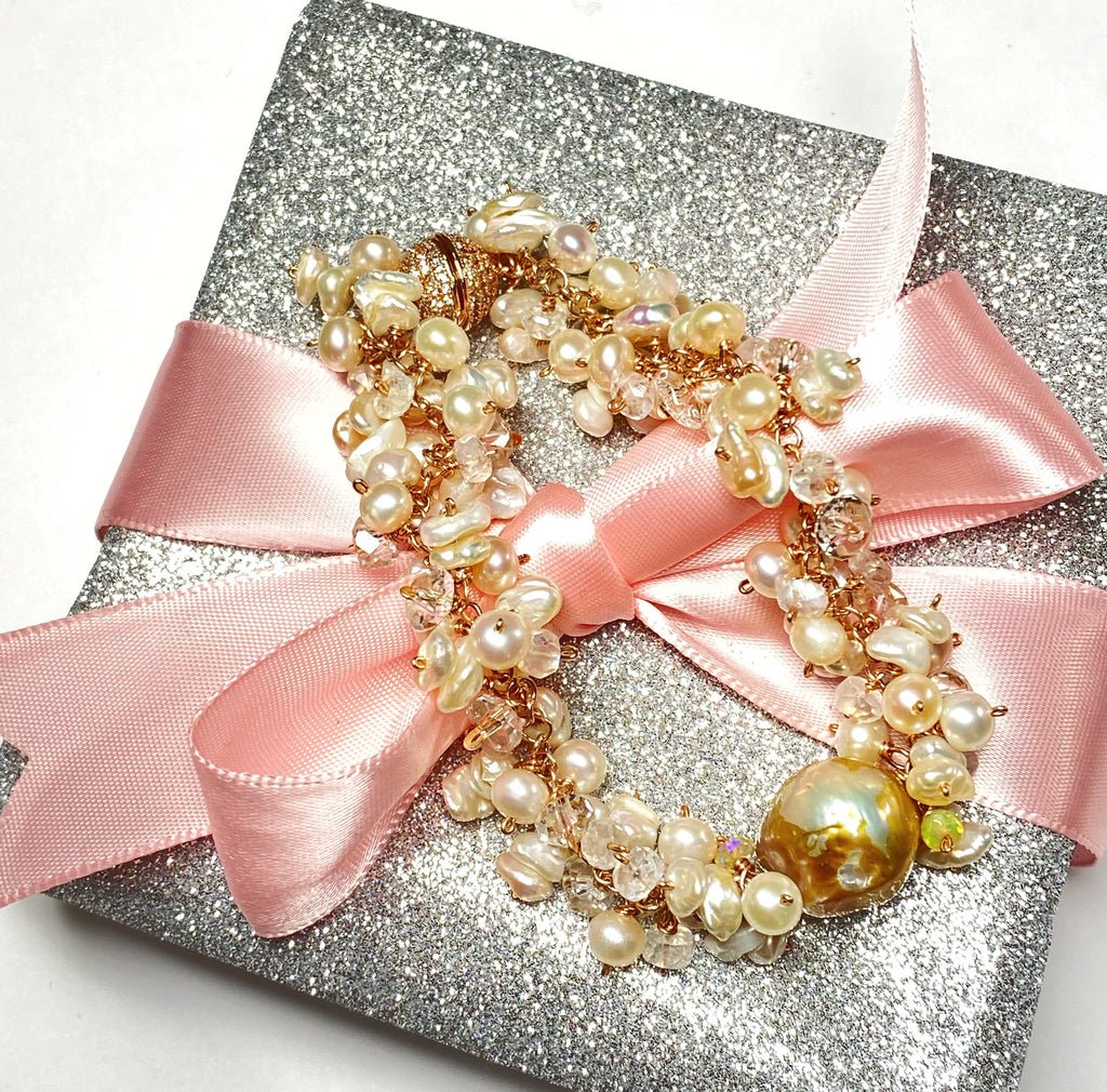 Baroque Pearl Rose Gold Cluster Bracelet Keishi Pearl Moonstone Crystal Quartz