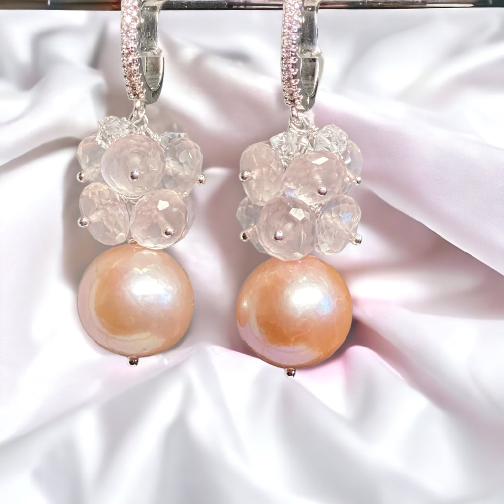 Round Pink Pearl Earrings with Rose Quartz Clusters