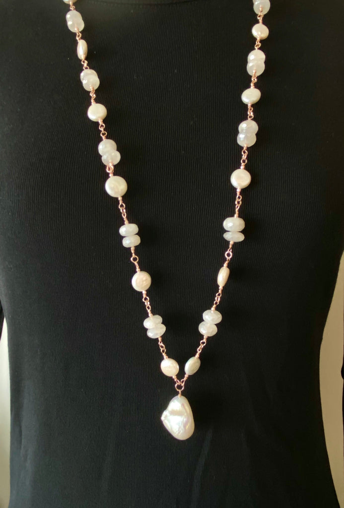 Rose Gold Ivory Baroque Pearl Mystic Moonstone Long Sautoir Rosary Necklace - doolittlejewelry