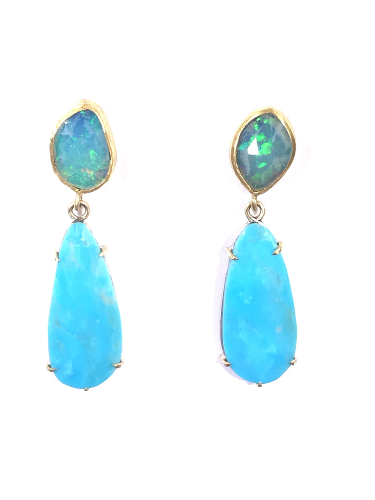 Opal and Sleeping Beauty Turquoise Dangle Earrings Gold Prong Set