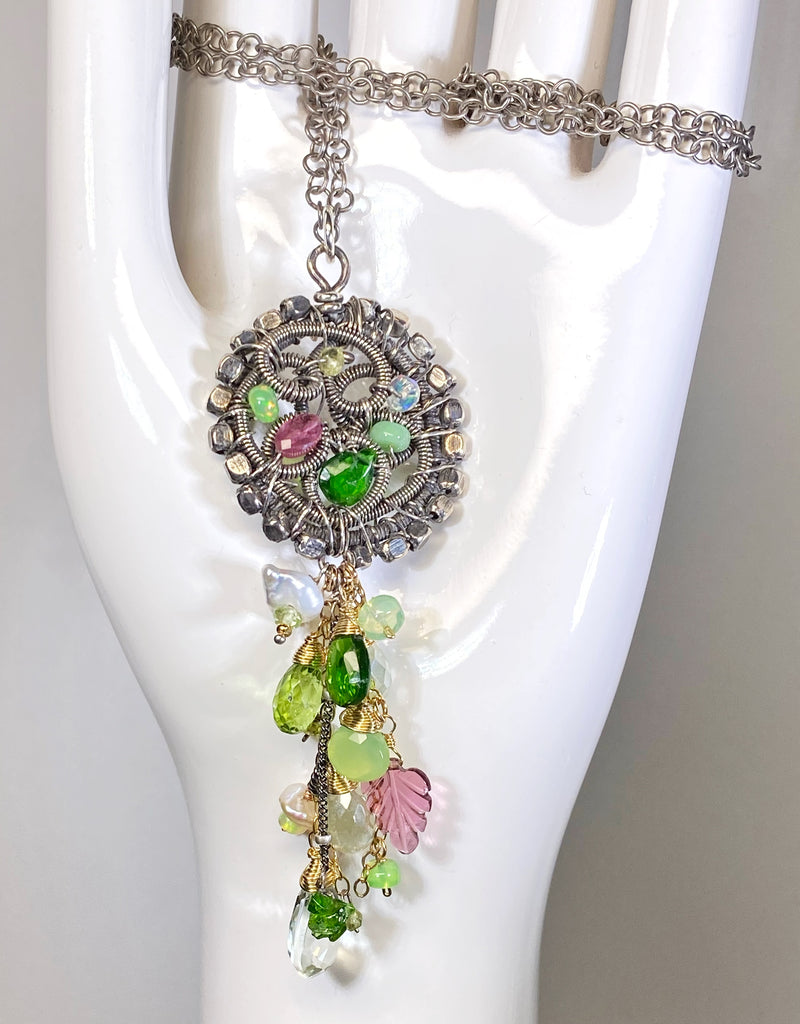 Boho Gemstone Pendant Oxidized Silver Pink Tourmaline, Opal, Green Gems