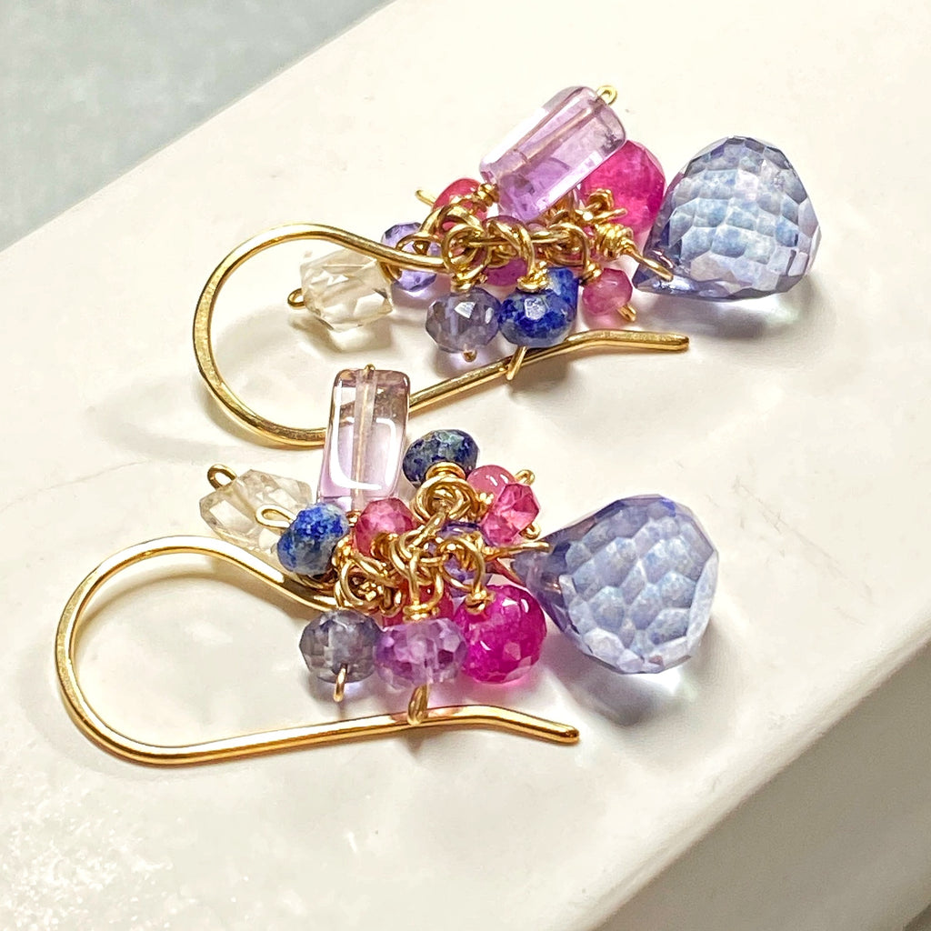 Blue Multicolor Gem Wire Wrap Gold Earrings - doolittlejewelry