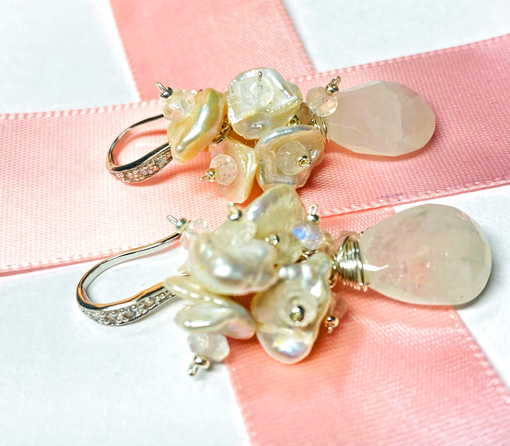 Rainbow Moonstone Keishi Pearl Cluster Bridal Earrings Sterling Silver