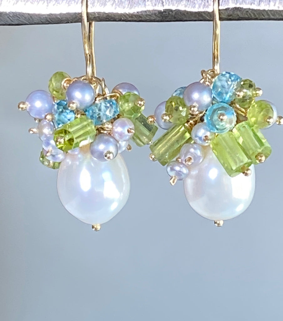 Peridot Pearl Cluster Earrings Blue Zircon - doolittlejewelry