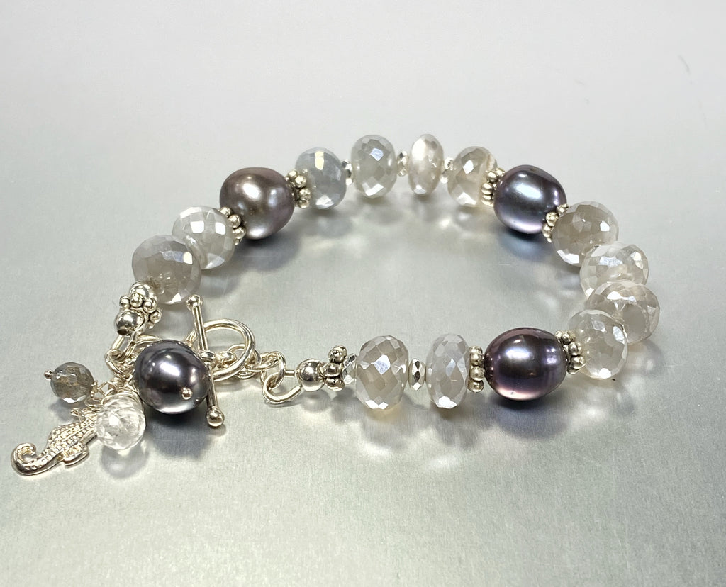Grey Mystic Moonstone and Peacock Pearl Bracelet Sterling Silver