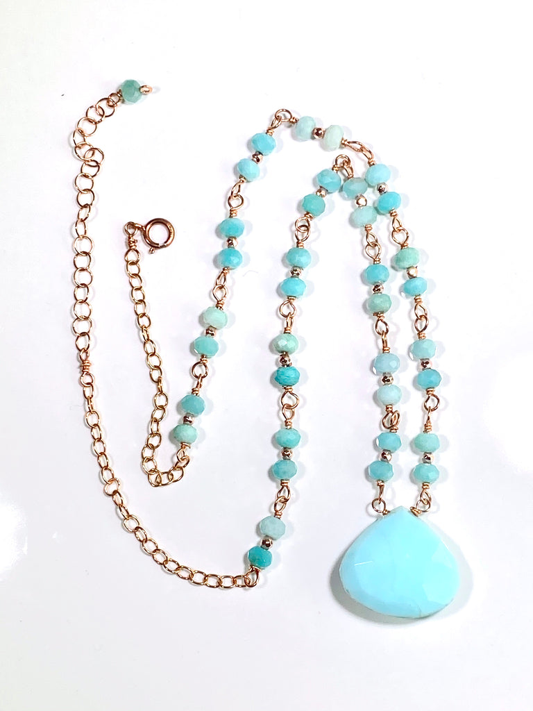 Blue Peruvian Opal, Amazonite, Rose Gold Wire Wrapped Pendant Necklace - doolittlejewelry