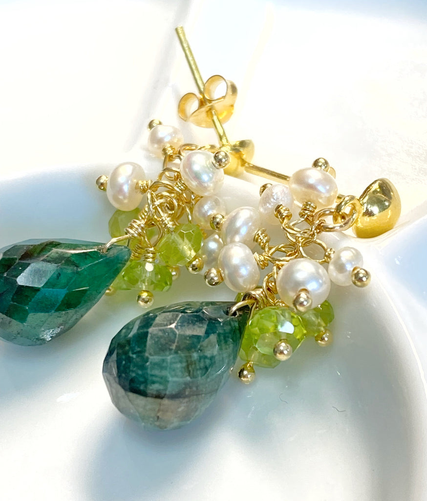 Emerald and Peridot Pearl Cluster Earrings Gold