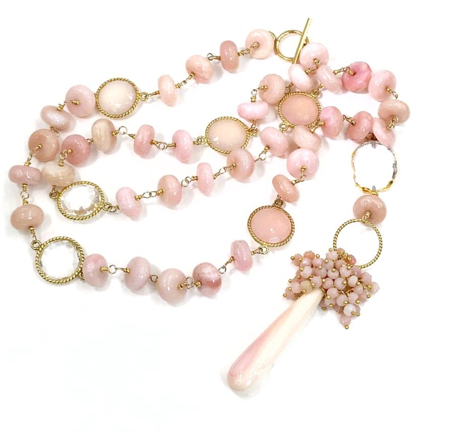 Pink Peruvian Opal Long Wire Wrapped Necklace