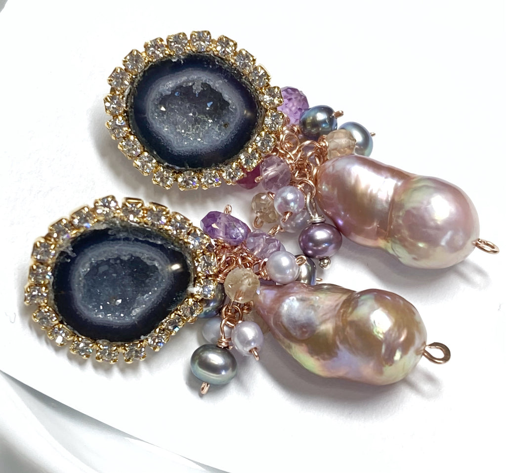 Black Tabasco Geode Earrings with Baroque Pearl Clusters