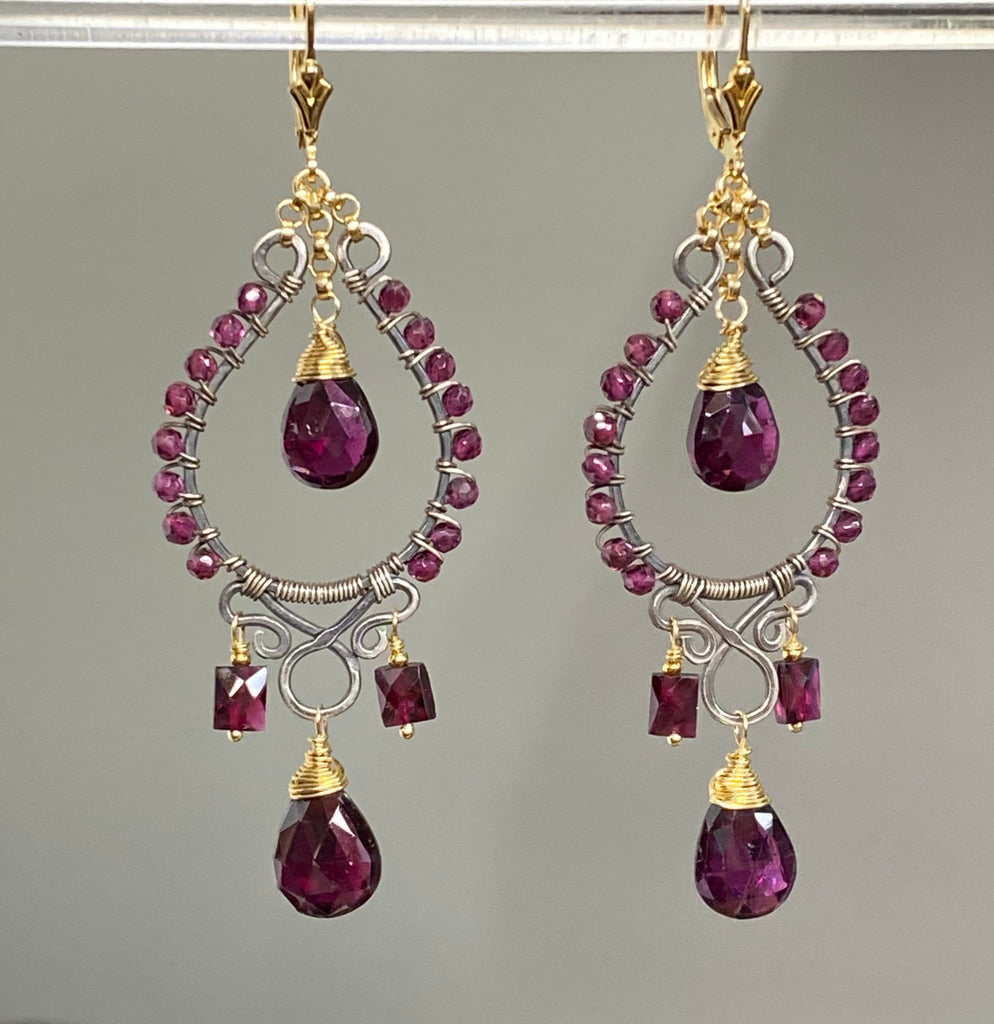 Rhodolite Garnet Chandelier Earrings Mixed Metal Boho Style Oxidized Silver Gold Fill