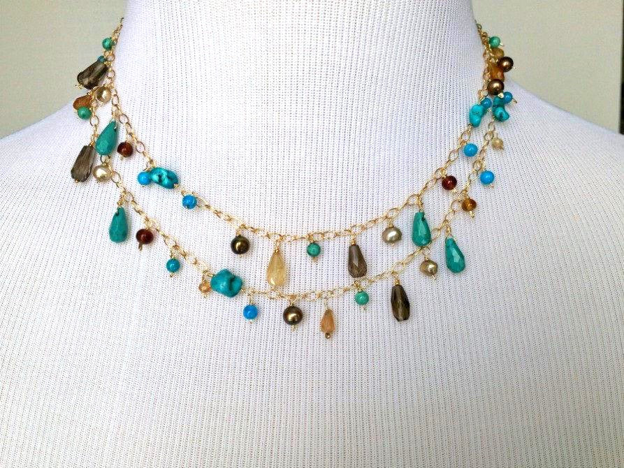 Turquoise Gemstone Gold Filled Long Necklace