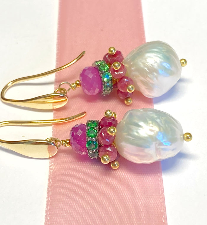Ruby Cluster and Tsavorite Garnet Earrings