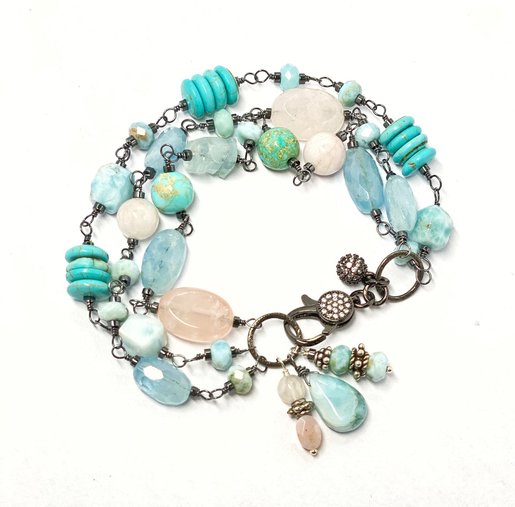 Oxidized Silver Wire Wrap Multistrand Bracelet Larimar Aquamarine - Doolittle