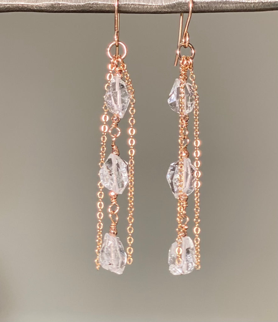 herkimer diamond crystal long rose gold dangle earrings