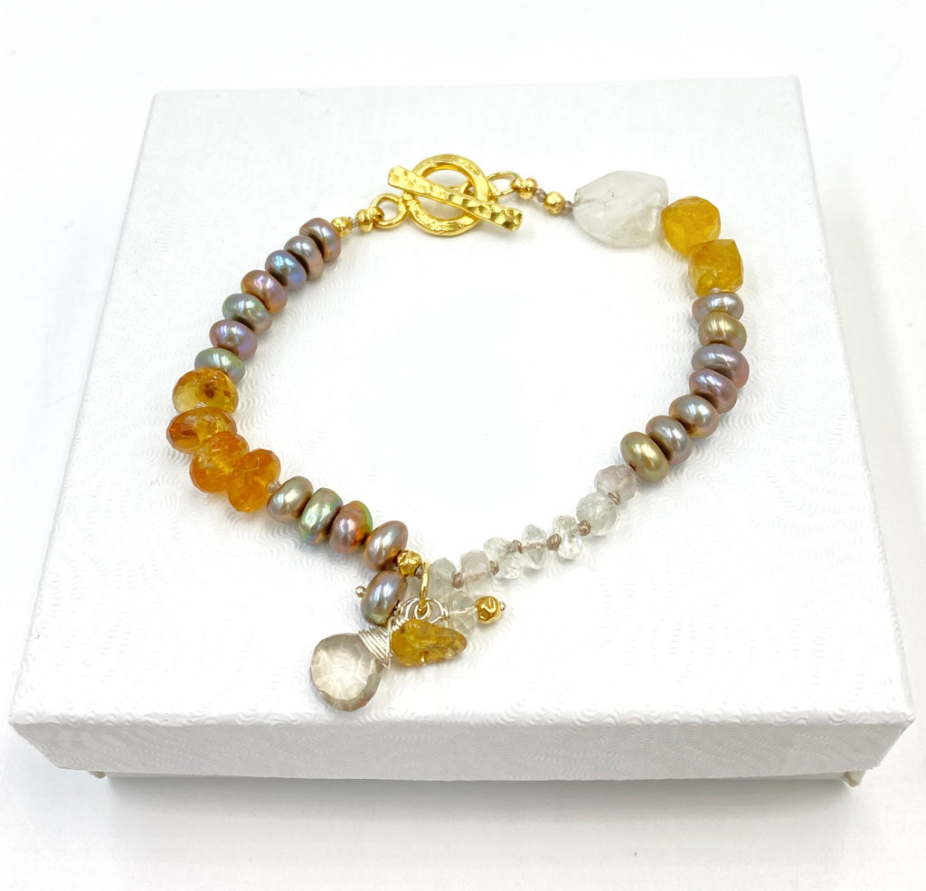 Beige Pearl Citrine Moonstone Bracelet Gold and Silver