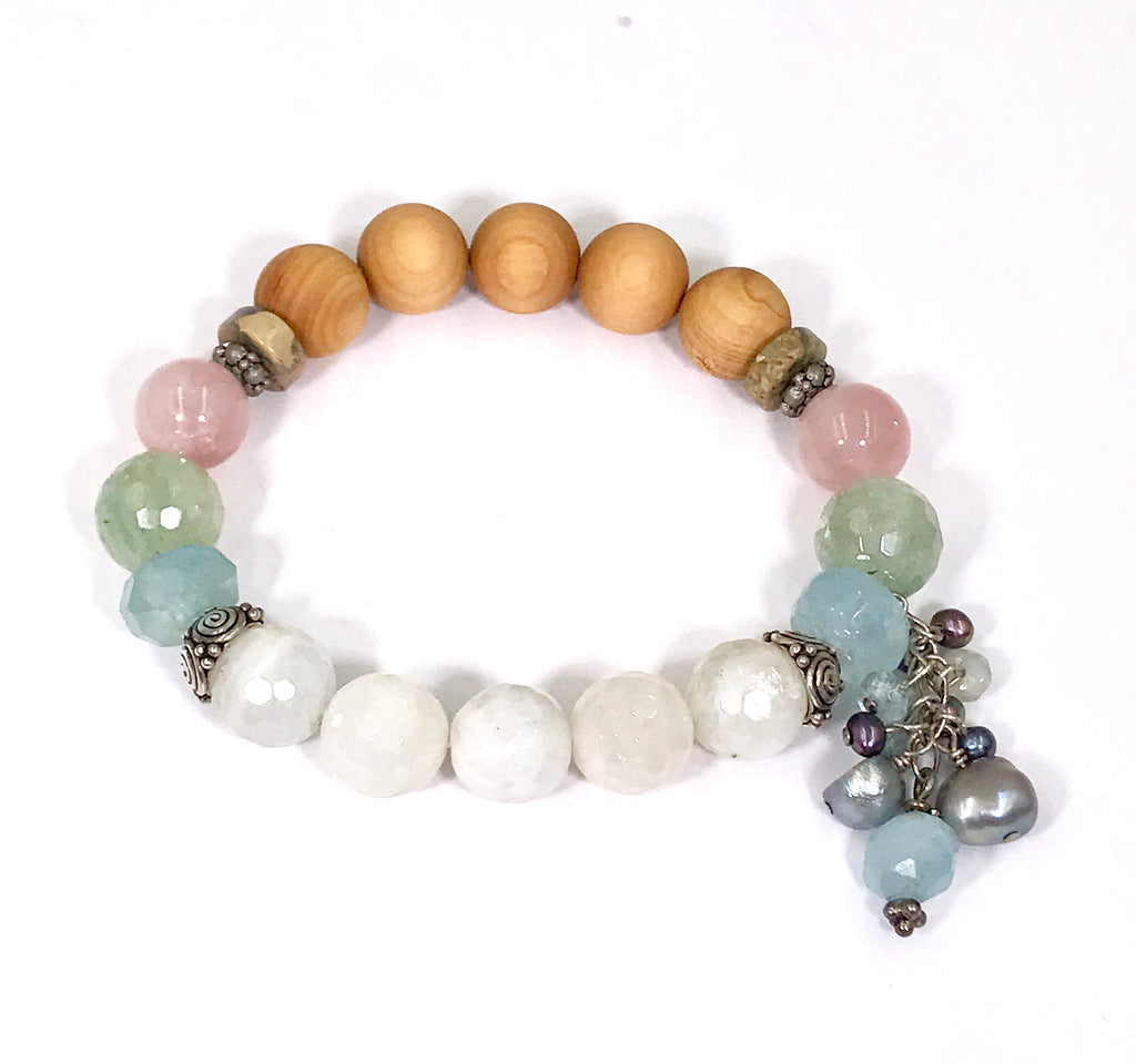 Colorful Pastel Stretch Stacking Bracelet Set of 3 Rose Quartz Moonstone Sandalwood - doolittlejewelry